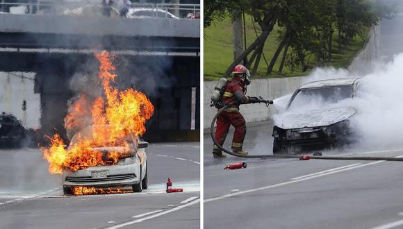 ​Auto se incendia en plena Vía Expresa y congestiona el tránsito | FOTOS
