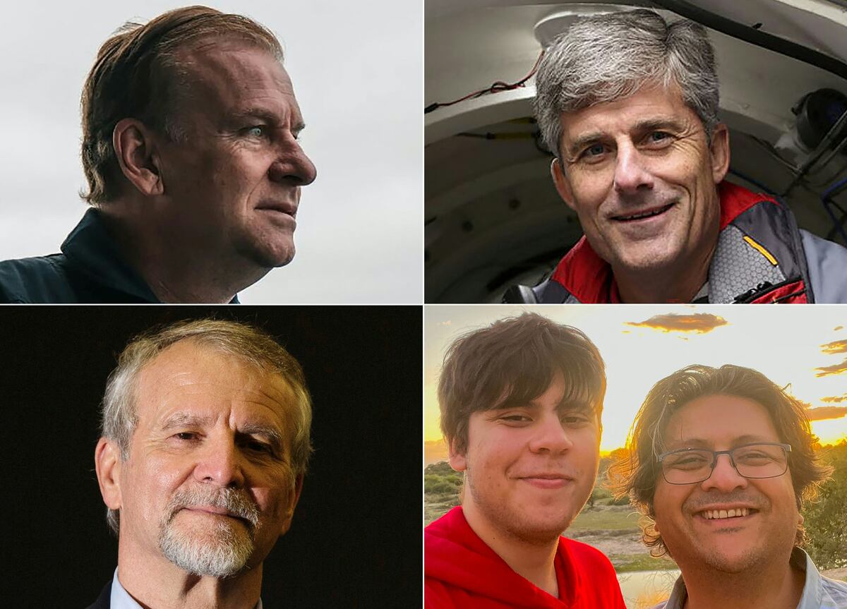 Los pasajeros del sumergible Titan (de izquierda a derecha, de arriba a abajo) Hamish Harding, Stockton Rush, Paul-Henri Nargeolet, Suleman Dawood y su padre Shahzada Dawood. (Foto de Jo l SAGET y Handout / varias fuentes / AFP)