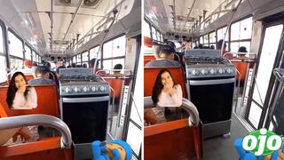 Joven genera risas al viajar con todo y cocina en bus de transporte público | VIDEO
