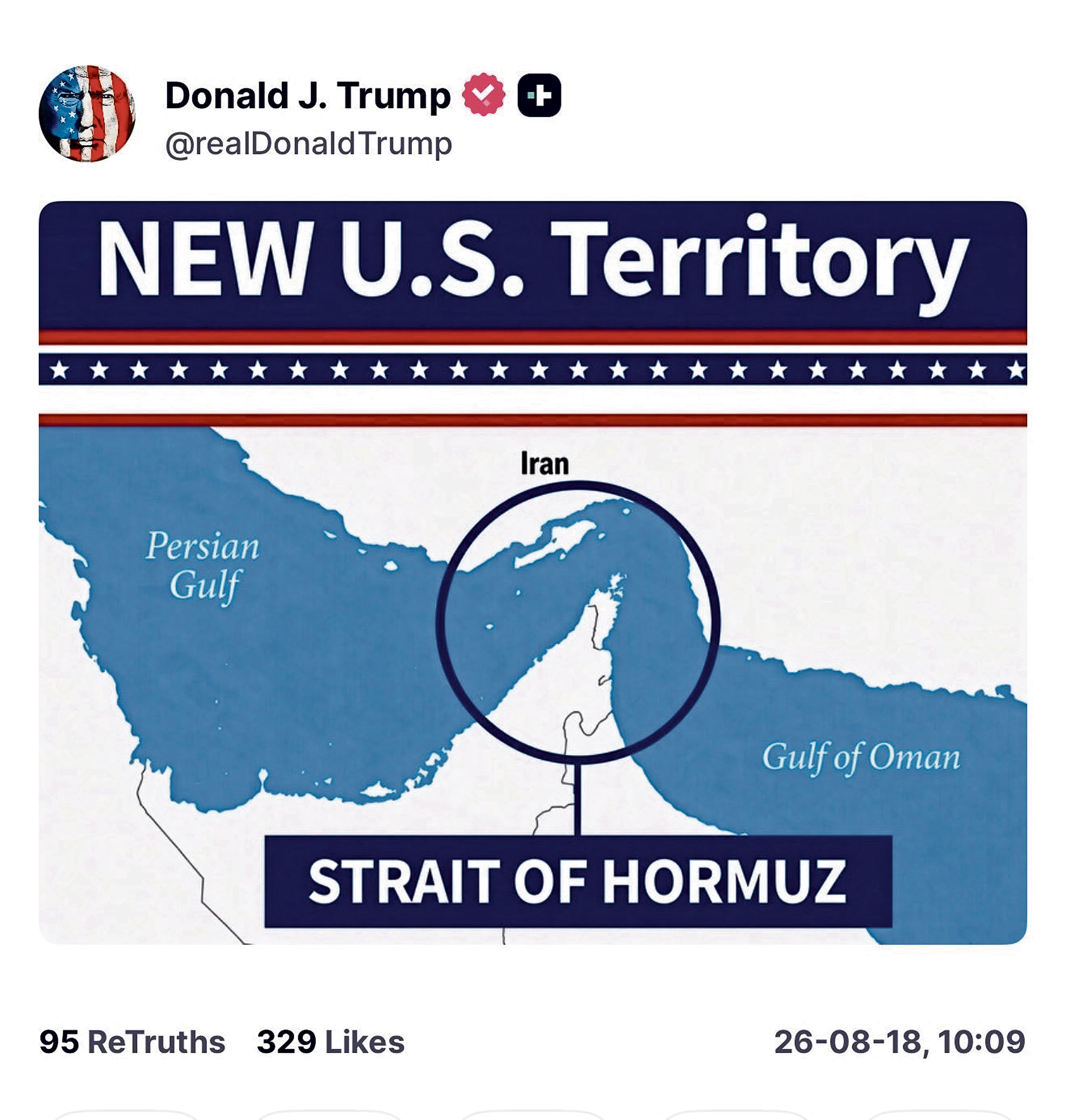 El mapa de Donald Trump muestra al estrecho de Ormuz, que pertenece a Irán y Omán, como de Estados Unidos.