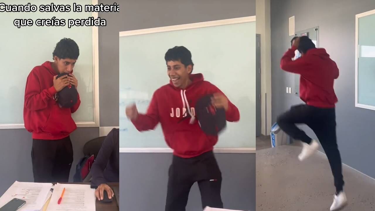 El muchacho saltó de felicidad por aprobar un curso de la universidad. (Foto: composición EC)