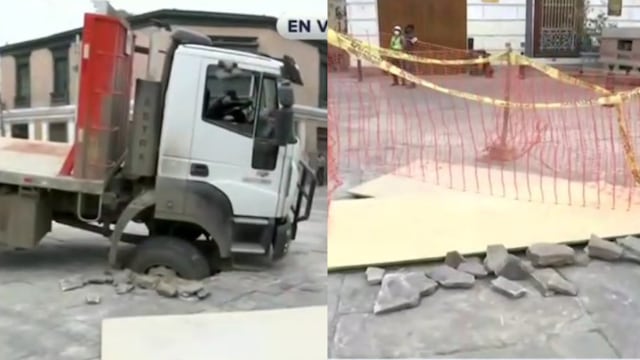 Cercado de Lima: camión con cemento se hundió en medio de la plaza de la Iglesia de San Francisco | VIDEO