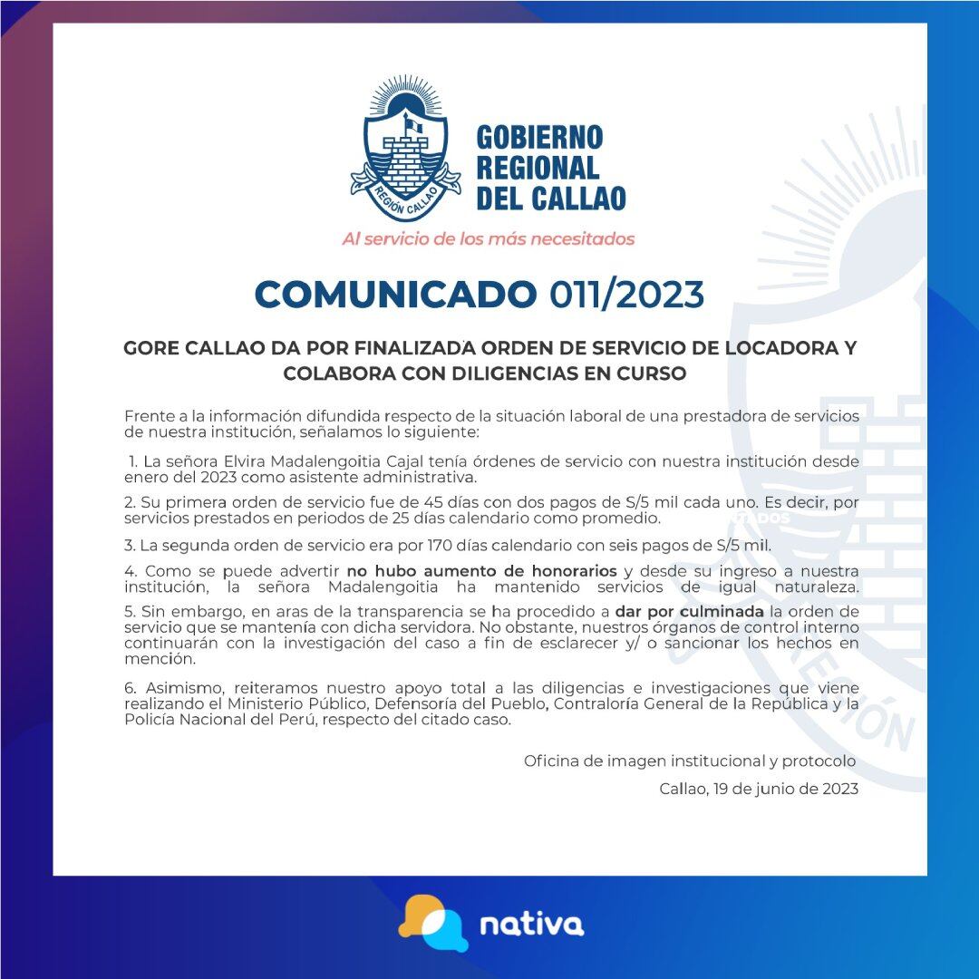 Gobierno Regional del Callao despide a Elvira Madalengoitia.
