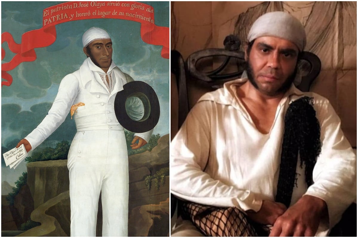 Izquierda: El retrato de José Olaya por el pintor José Gil de Castro. Derecha: Pietro Sibille interpretando a este mártir en al serie "Los Otros Libertadores".