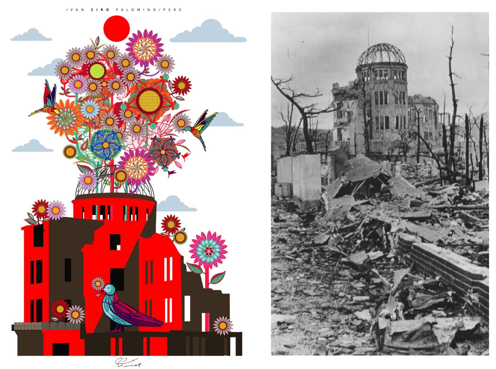 Obra de Ciro Palomino titulada “Paz de Hiroshima, Florecer”. Esta ilustración está inspirada en el Domo de Genbaku, la estructura del único edificio que permaneció en pie cerca del lugar donde explotó la primera bomba atómica el 6 de agosto de 1945. FOTO: Ciro Palomino.