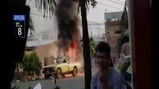Tarapoto: Camioneta con equipo de fumigación para dengue se incendia en medio de la pista | VIDEO 