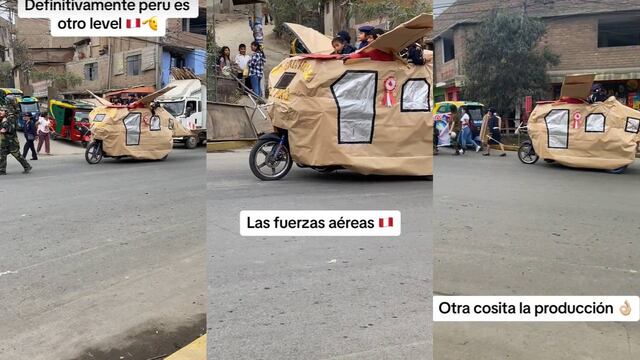 Peruanos sorprenden al manejar una mototaxi convertida en avión de las Fuerzas Aéreas en pleno desfile escolar 
