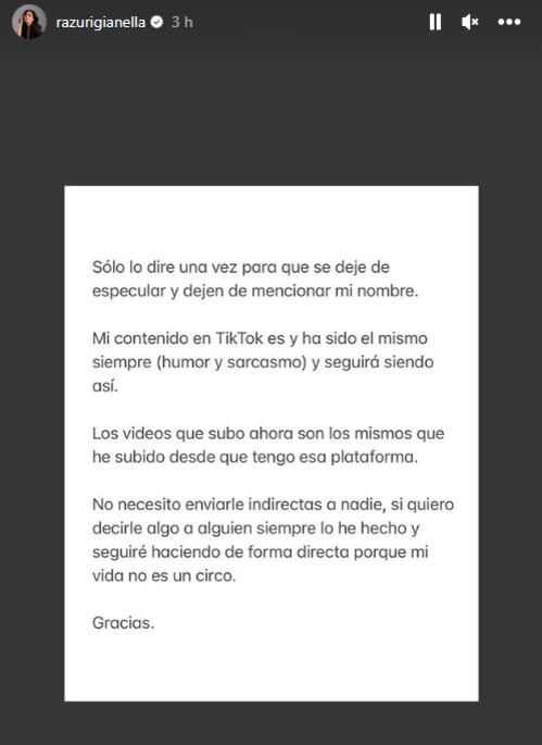 Gianella Rázuri niega haber enviado indirecta a Ale Venturo