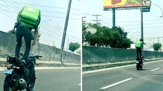 Denuncian a motociclista de delivery de comida hacer piruetas en plena autopista (FOTOS)