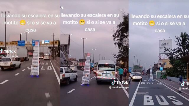 “Solo en Perú”: usuarios reaccionan al ver a un joven llevando una escalera en su moto en plena Panamericana Norte