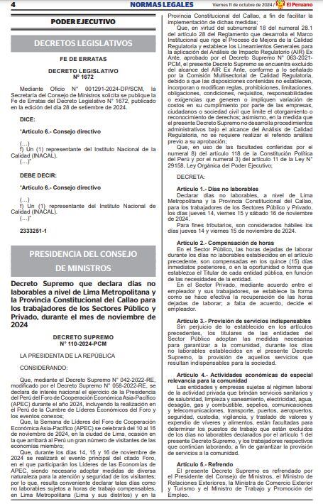 Gobierno declara tres días de noviembre como no laborables por foro APEC 2024.