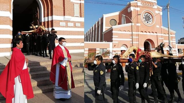 Ica: Policías participan de misa y procesión de Cristo Crucificado en Chincha pese a cuarentena
