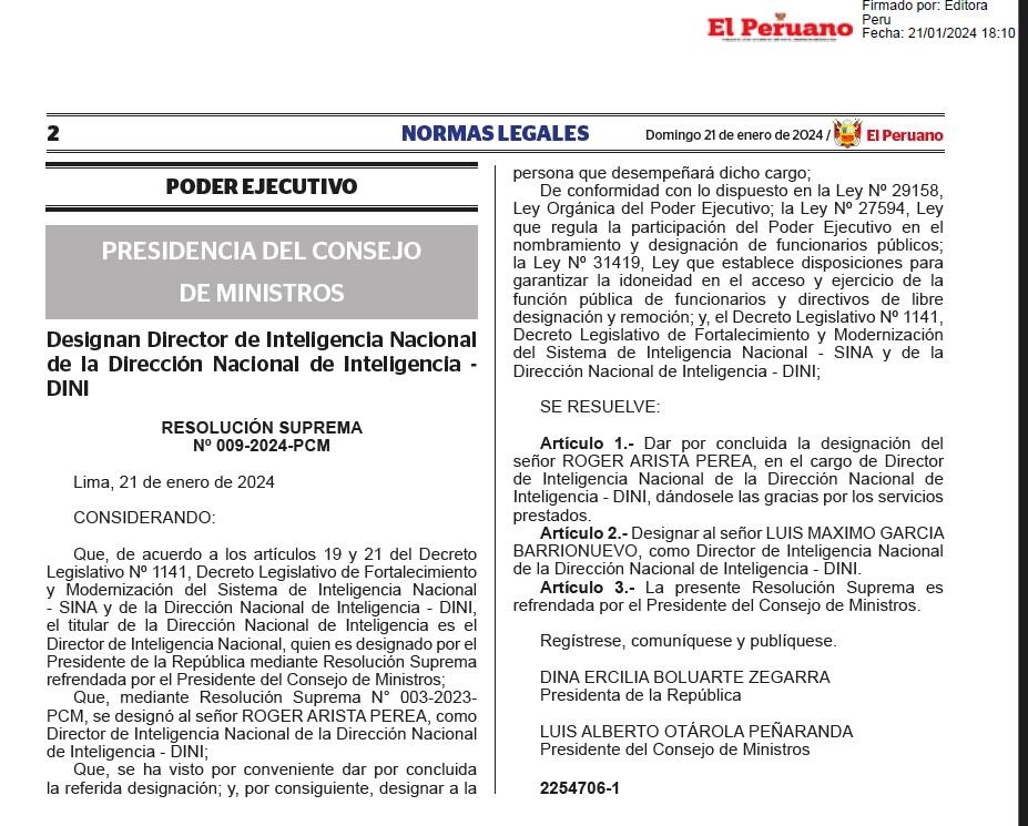 Resolución publicada hoy en El Peruano con la designación del nuevo jefe de la DINI.