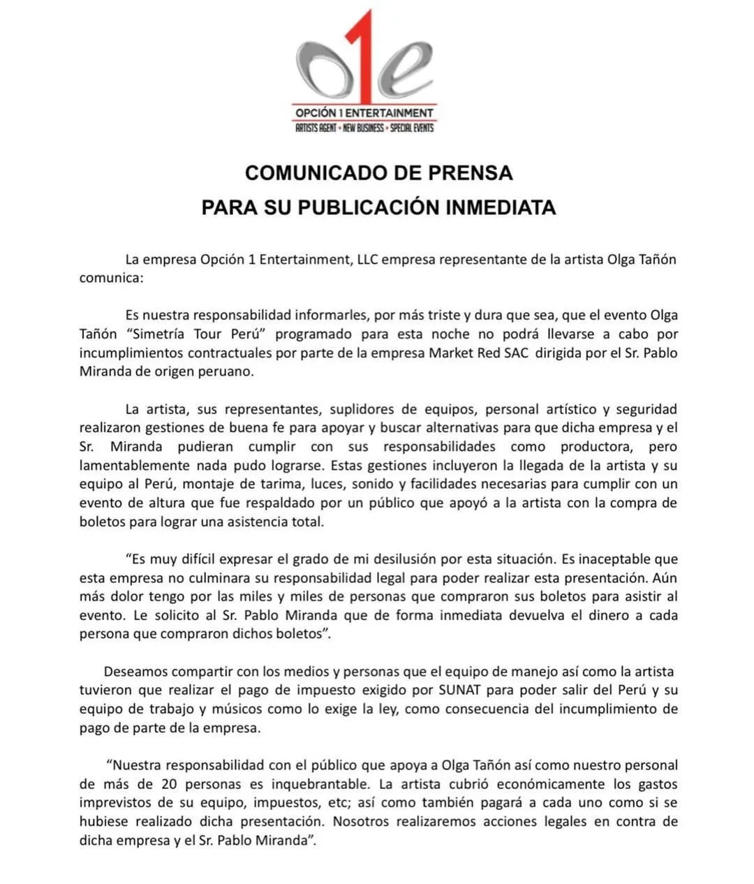 Comunicado de prensa Opción 1 Entertainment y LLC