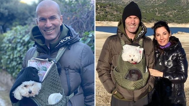 Zidane saca a pasear a su perro con gorro Louis Vuitton y lo lleva en un canguro, como a bebé