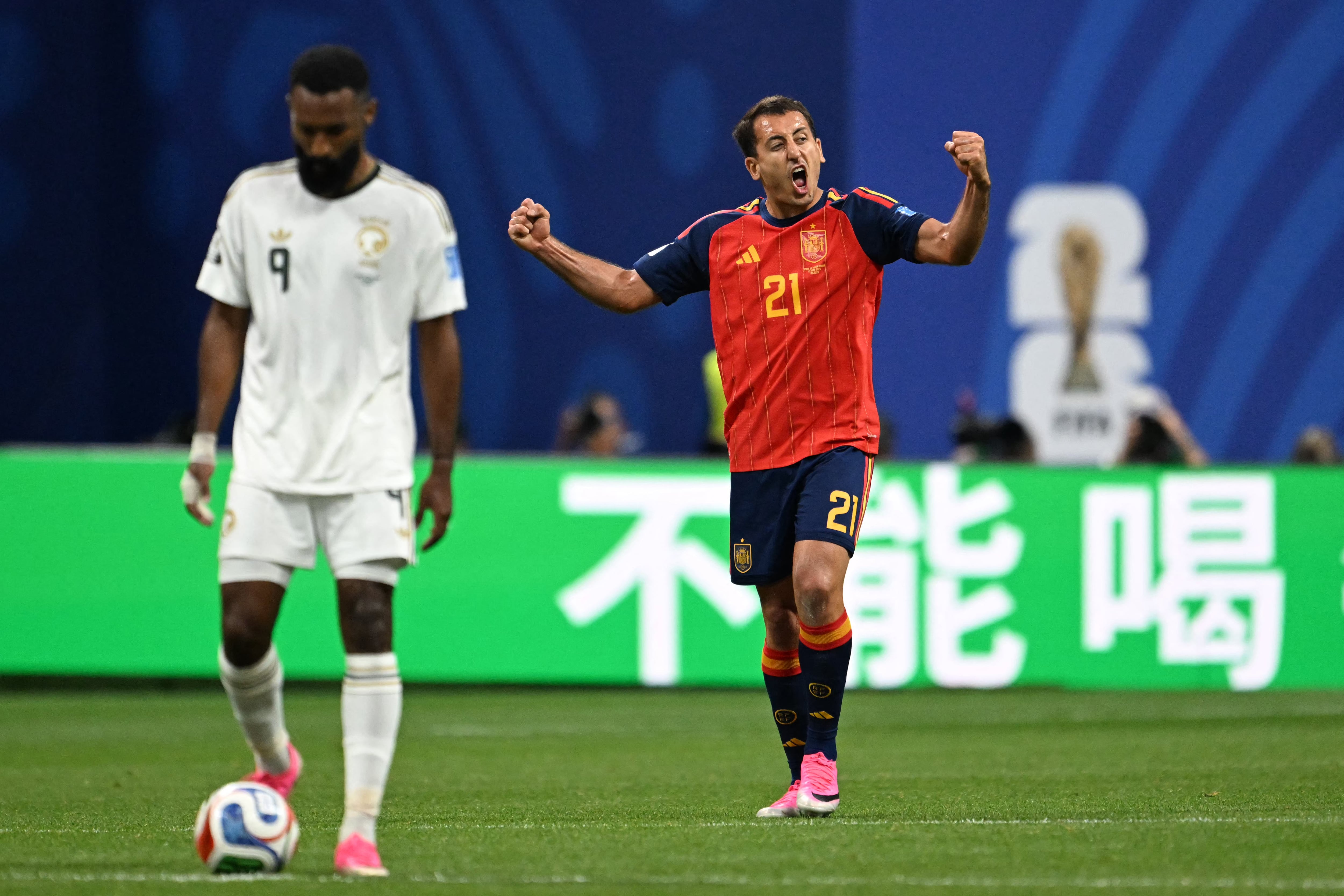 Spain's forward #21 Mikel Oyarzabal celebrates after scoring his team's second goal during the 2026 World Cup Group H football match between Spain and Saudi Arabia at the Atlanta Stadium in Atlanta on June 21, 2026. (Photo by ROBERTO SCHMIDT / AFP)