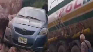 Junín: Huaico aplasta auto con 5 pasajeros y enormes rocas impactan cisterna de combustible
