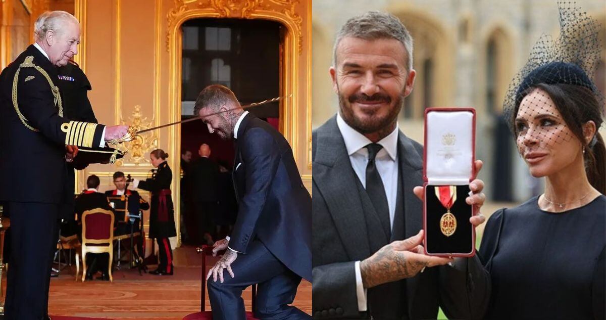 El rey Carlos III otorga título a David Beckham, quien luego posa con su esposa Victoria.
