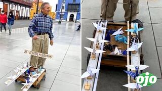 Abuelito de 94 años recorre las calles vendiendo aves hechas de papel 