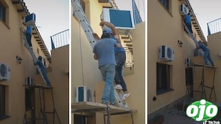 Intentan instalar aire acondicionado en un segundo piso, pero tienen terrible final | VIDEO