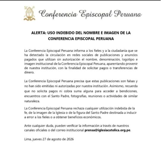 Conferencia Episcopal Peruana alertó sobre estafas vinculadas a la próxima llegada del papa León XIV. Foto: CEP