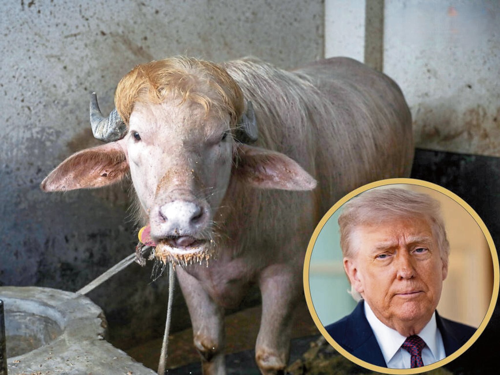 Un búfalo albino de 700 kilogramos llamado Donald Trump es igualito al presidente.