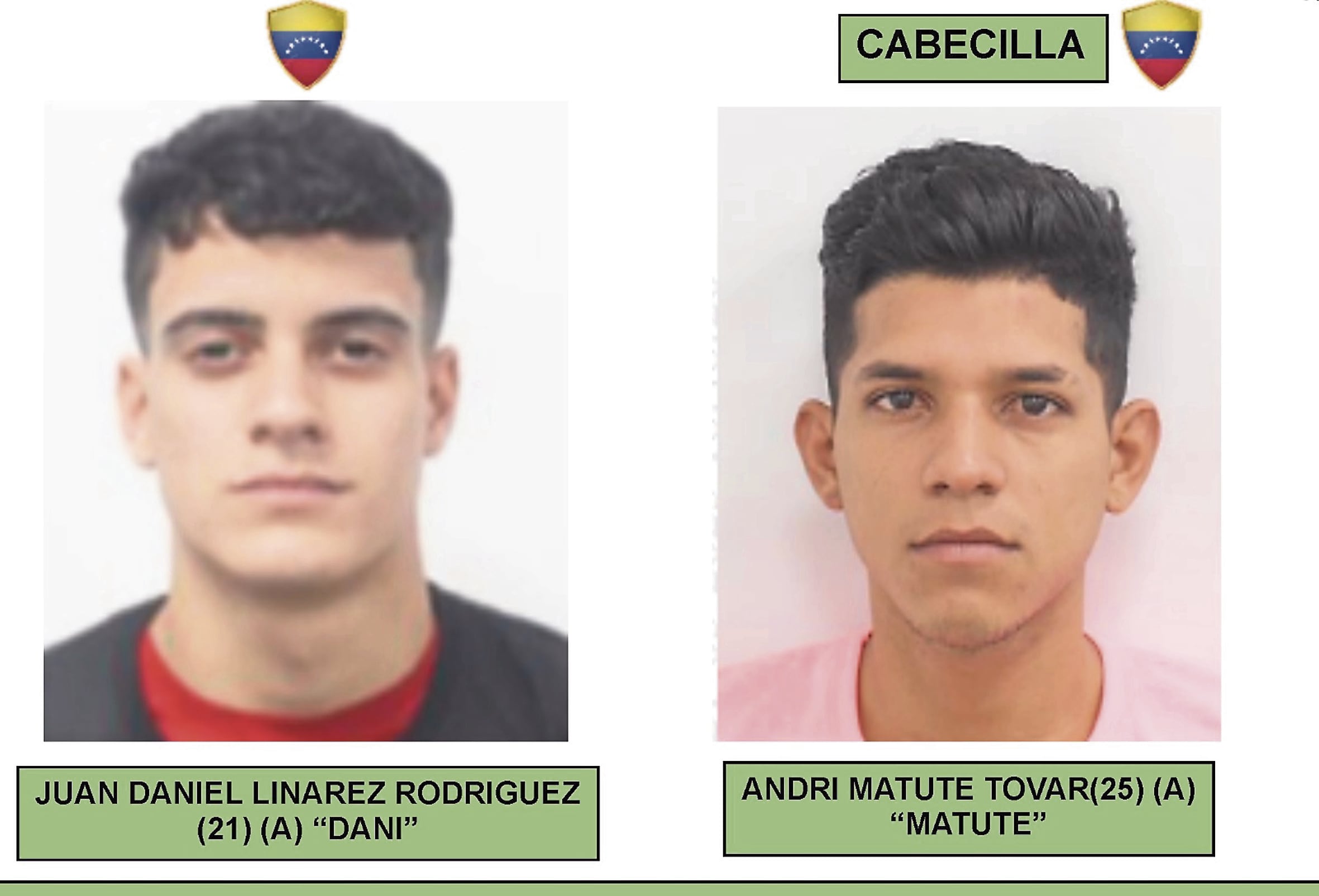 Los criminales venezolanos Juan Daniel Linarez Rodríguez (21) "Dani" y Andri Matute Tovar (25) "Matute", cabecilla de la organización, fugaron del país y se encuentran en Chile y Venezuela, respectivamente.