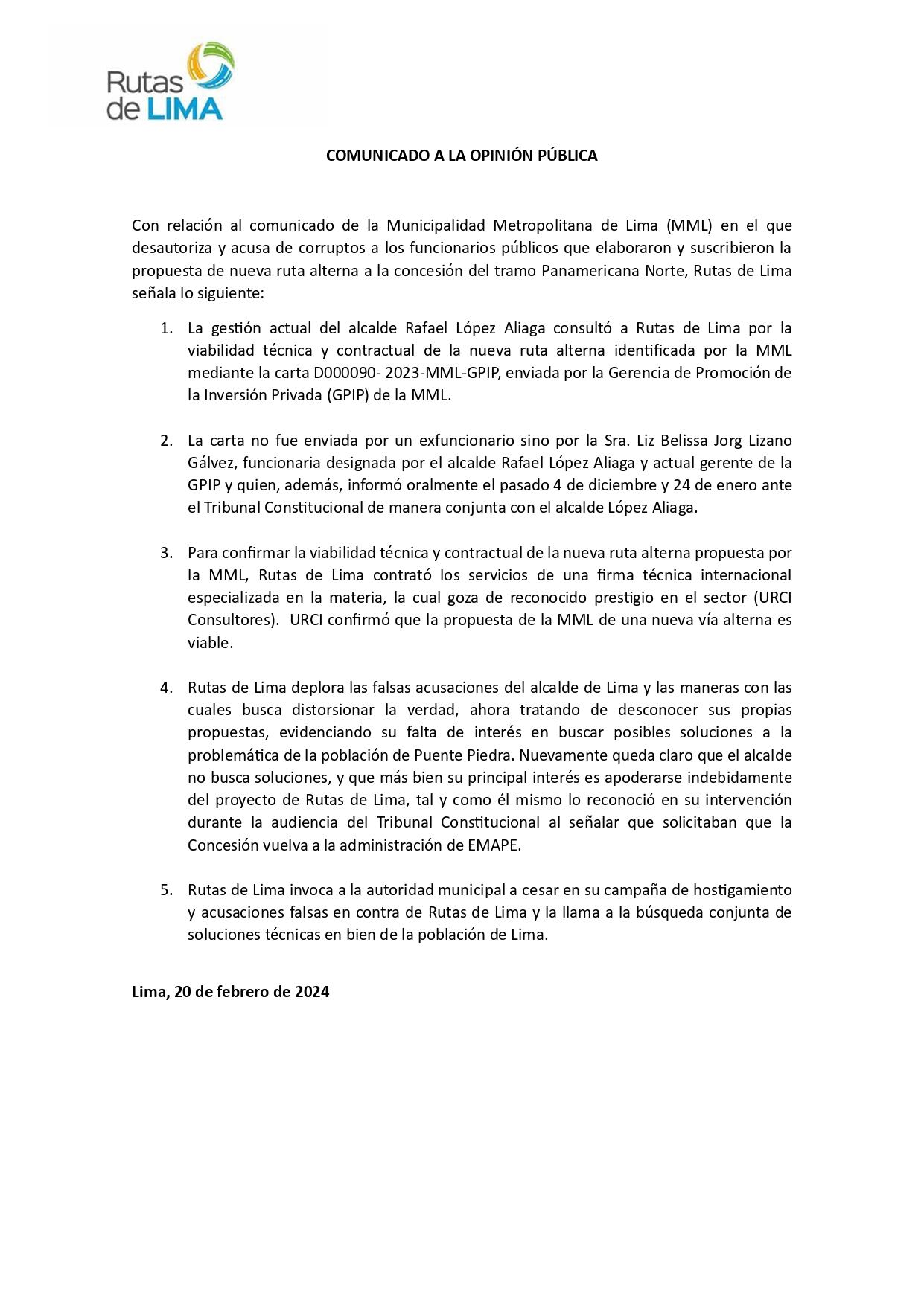 Comunicado de Rutas de Lima