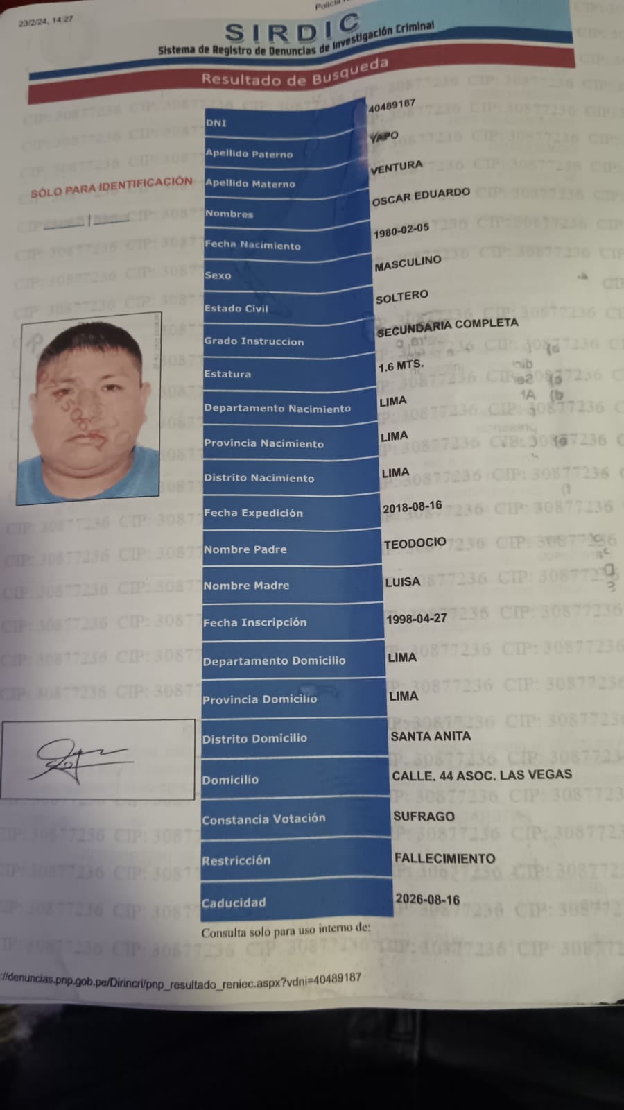 El falso certificado de defunción fue presentado en Chiclayo (Lambayeque) el pasado 6 de marzo de 2019.