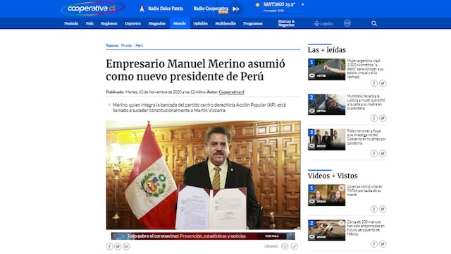La asunción de Manuel Merino como presidente del Perú en los medios del mundo | FOTOS
