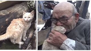 El emotivo abrazo de un abuelito a su gato tras perder todo en un incendio (VIDEO)