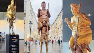 Parlamento europeo exhibe a estatua de Donald Trump calato y con un palo de golf