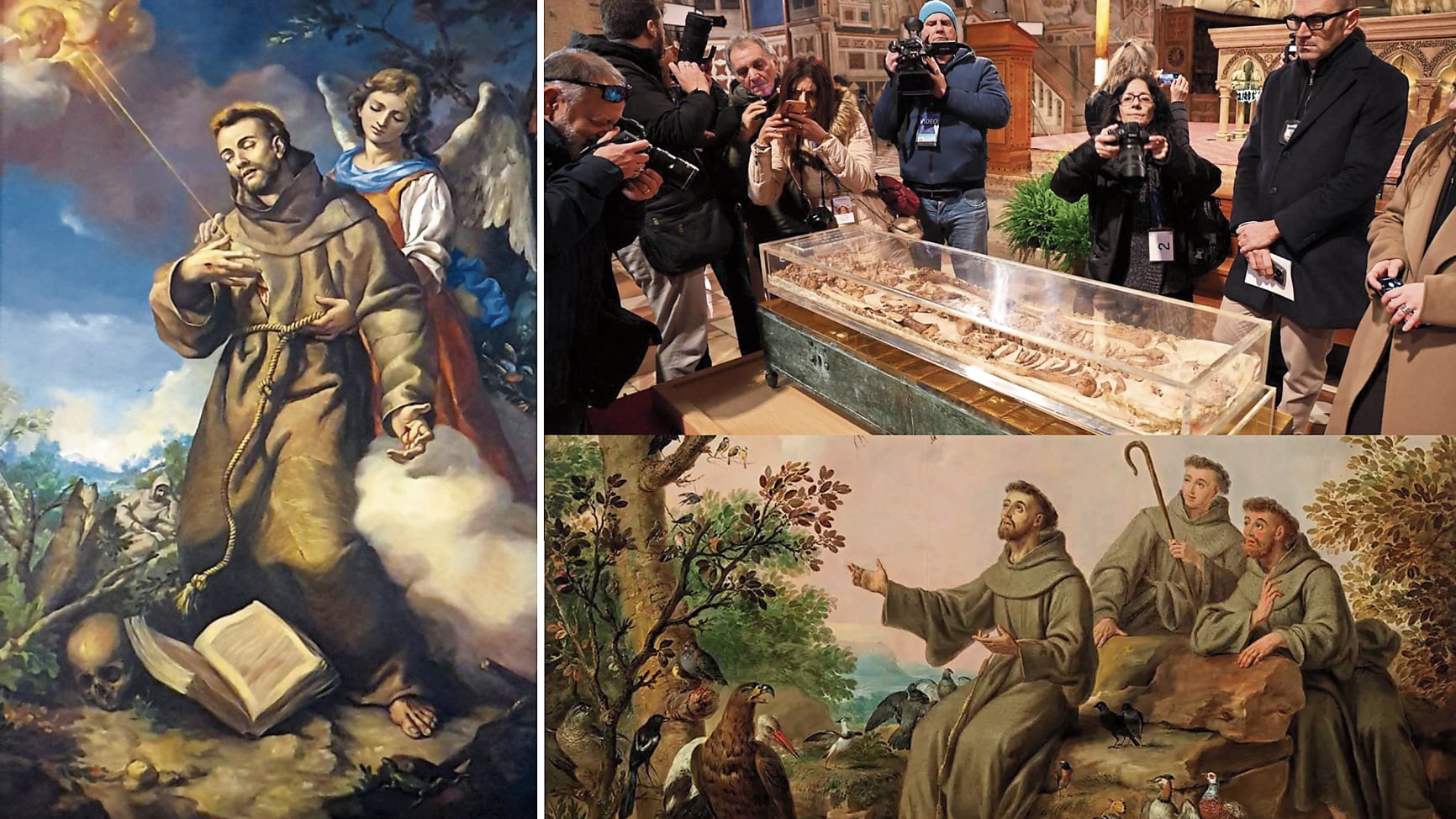 El pequeño esqueleto, cuyo cráneo se dañó durante su traslado a la basílica en el siglo XIII, reposa sobre un paño de seda blanco.