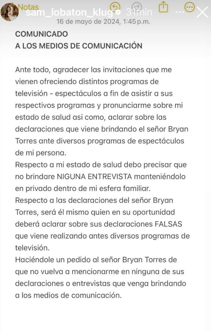 Samahara Lobatón lanza comunicado