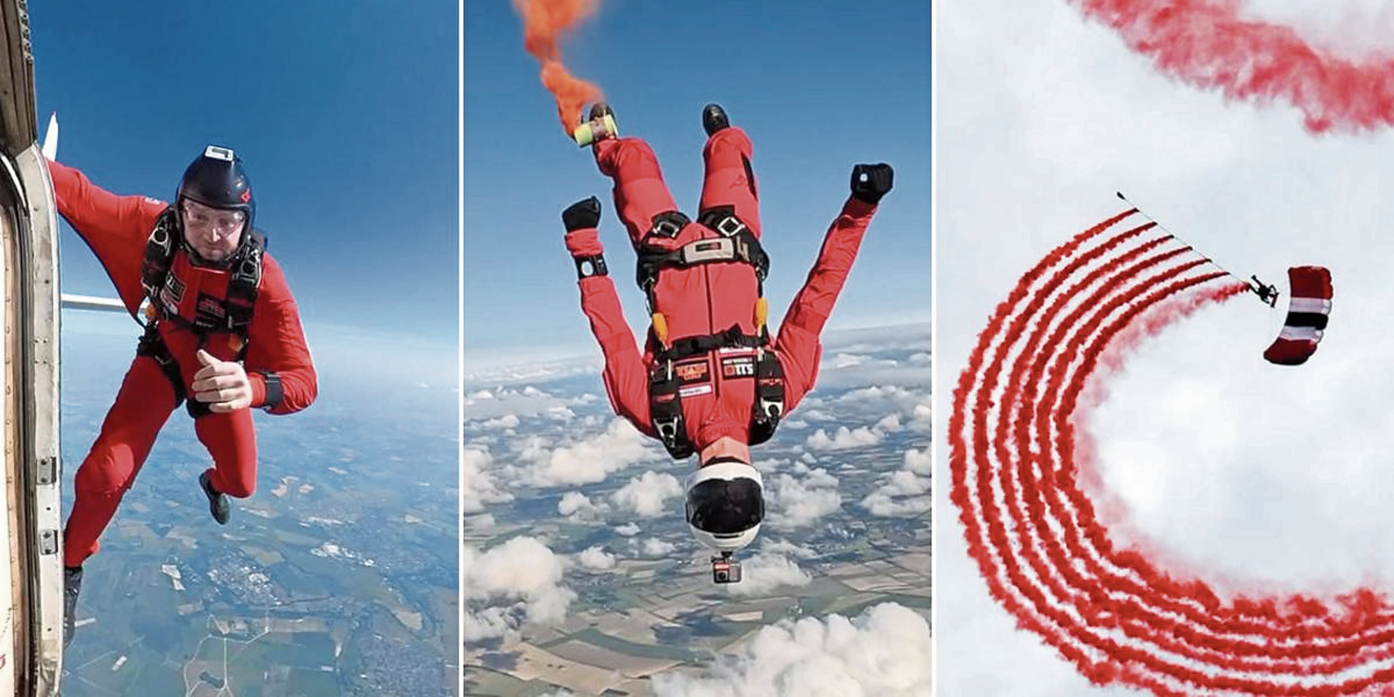 Este militar, un artista del aire, dibuja figuras con estelas de humo rojo que forma con sus pies mientras desciende en su paracaídas.