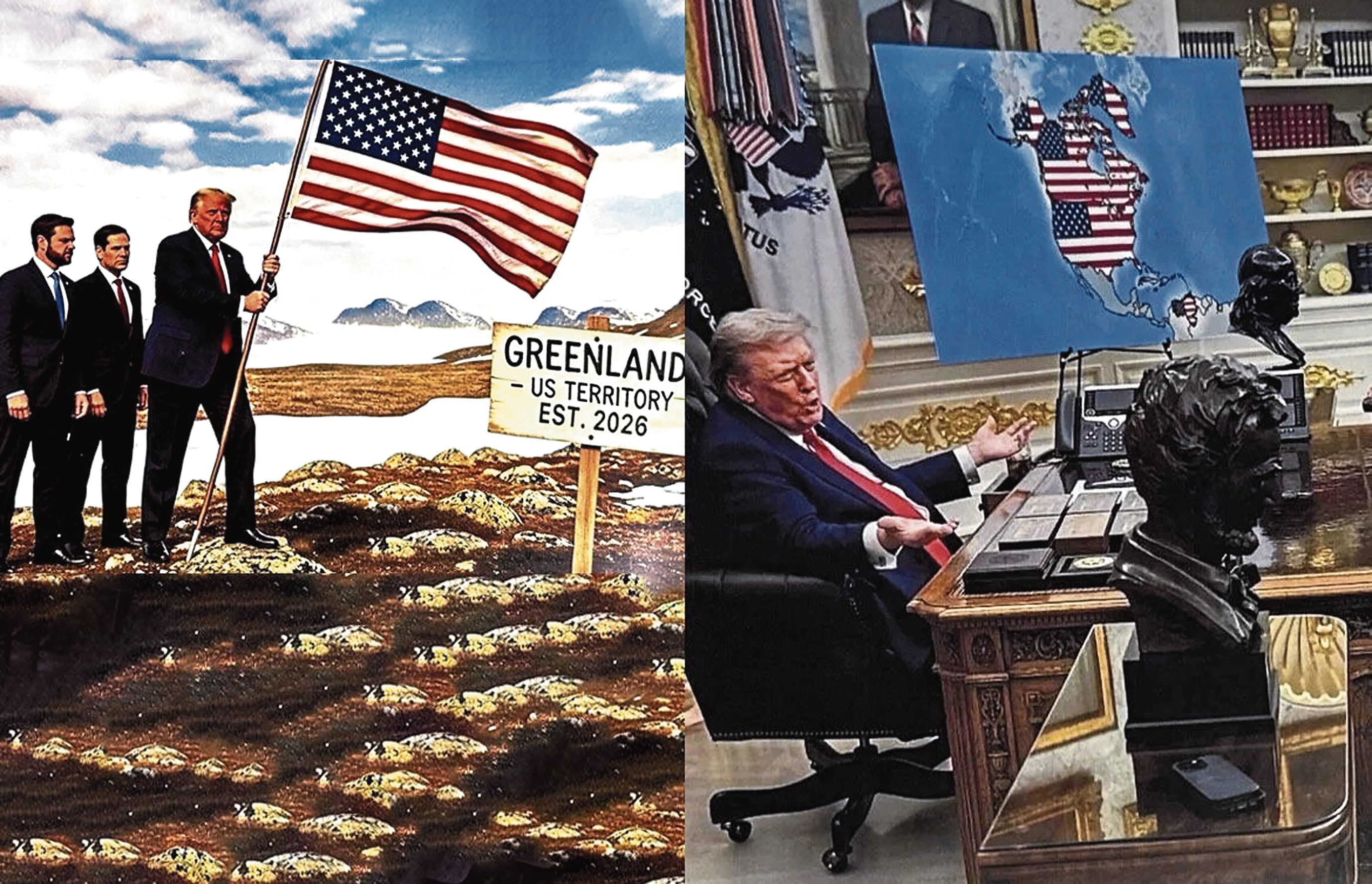 Imágenes creadas por la tecnología muestran a Donald Trump usurpando territorios de otros países.