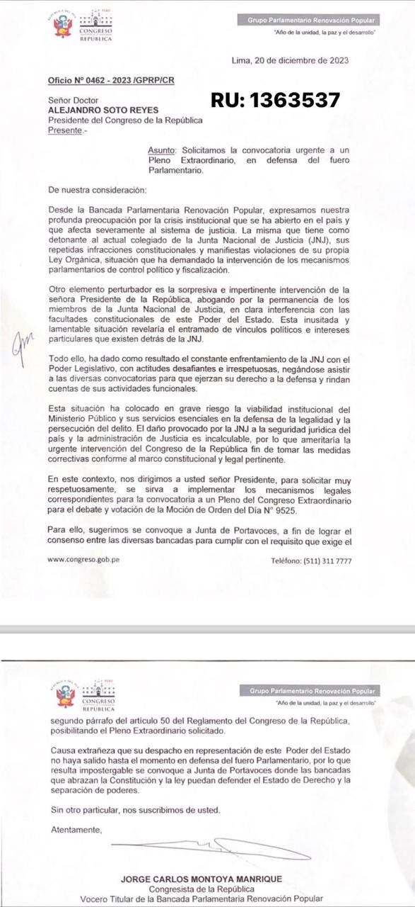 Oficio enviado por la bancada de Renovación Popular. (Foto: Congreso)