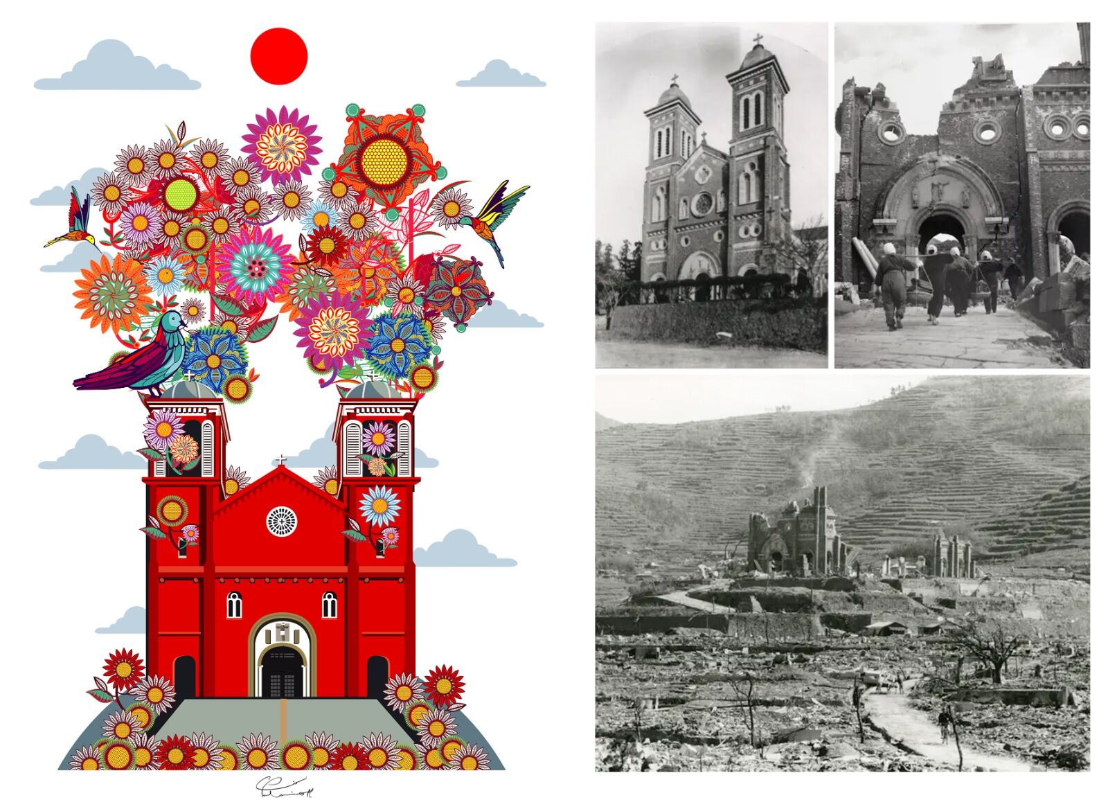 Obra titulada “Paz de Nagasaki, Florecer”, ilustración de Ciro Palomino que está inspirada en la catedral de la Inmaculada Concepción. La bomba nuclear estalló a quinientos metros de altura y a medio kilómetro de la catedral Urakami Tenshudo (nombre japonés con el que se conoce a este templo católico), cuyas agujas habían sido tomadas como punto de referencia por los pilotos del B-29 que descargó la bomba de plutonio, llamada "Fat Man". FOTO: Ciro Palomino.