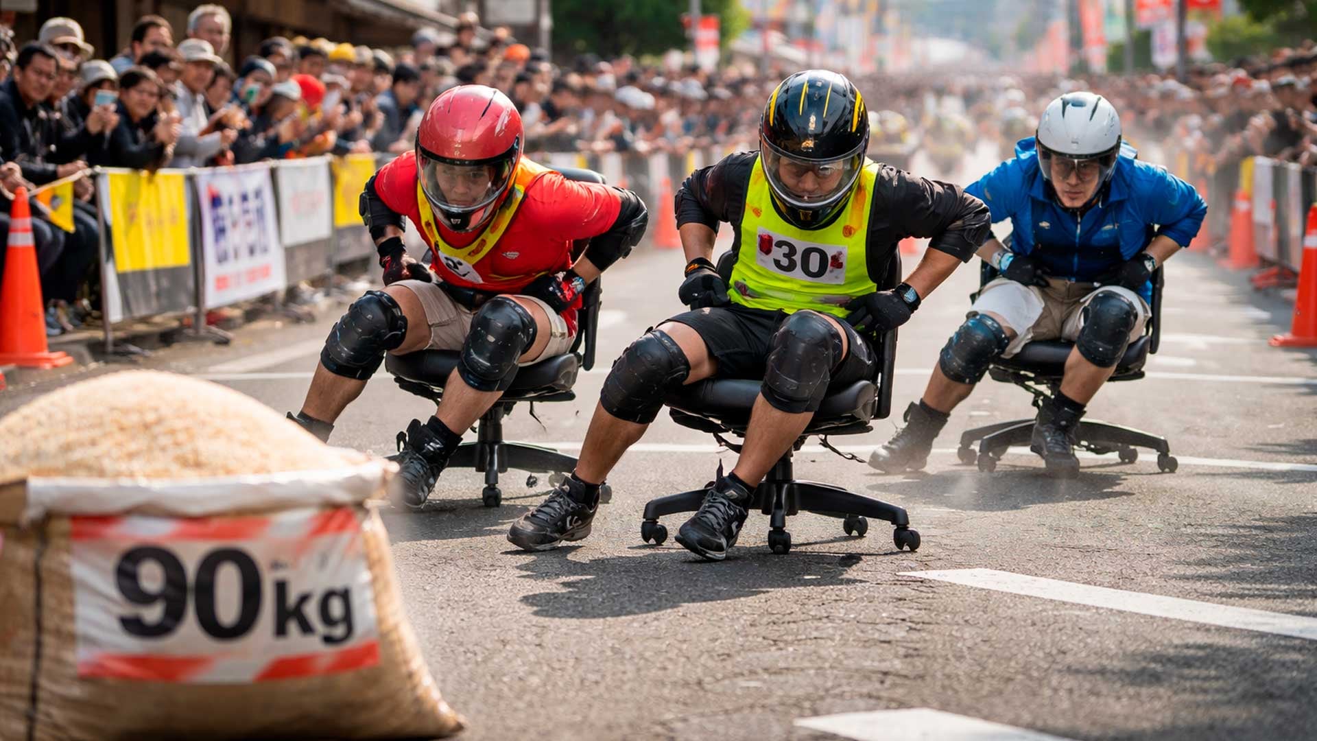 Los competidores realizan un gran esfuerzo físico por el premio de 90 kilos de arroz.