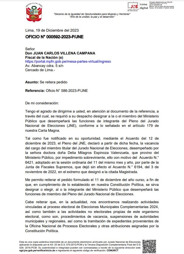Oficio enviado por el presidente del JNE al fiscal de la Nación encargado. (Foto: Ministerio Público)