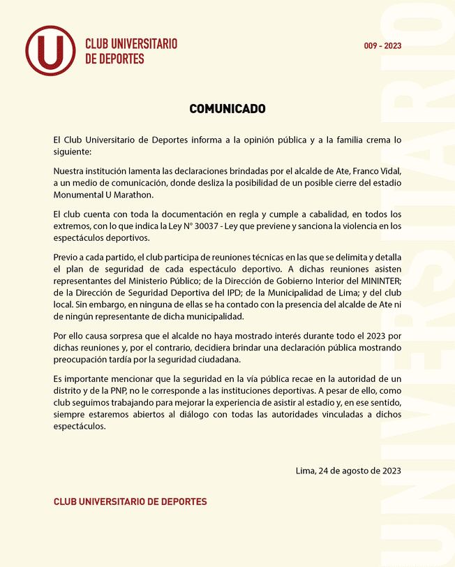 Comunicado de Universitario de Deportes