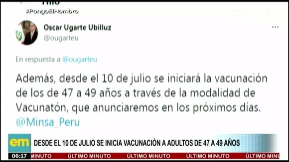 A partir del 10 de julio se inicia la vacunación a personas de 47 a 49 años