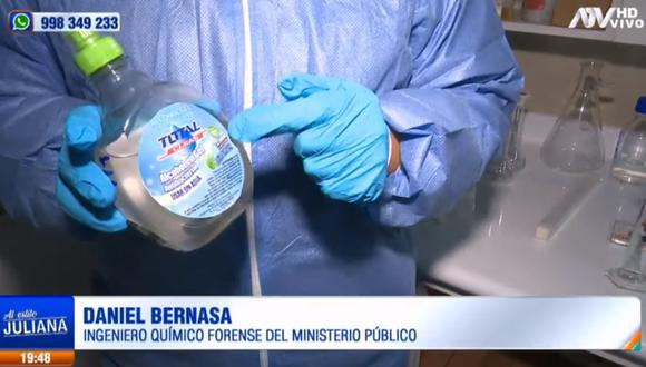 Este es el alcohol en gel entregado a los policías en Chiclayo y que no cumple con los estándares de calidad. (ATV)