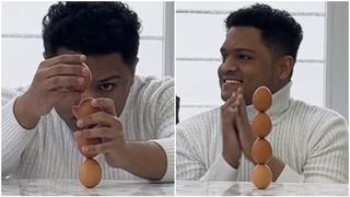 Hombre rompe su propio récord mundial y apila 4 huevos uno encima del otro sin que se caigan