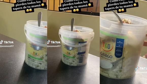 Madre envía comida a su hija en balde de yogurt. (Foto: composición EC)