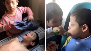 Niño con síndrome de down sorprende por ayudar y cuidar de sus hermanos con parálisis cerebral