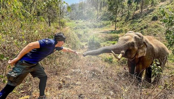 Lejos de asustarse por la presencia de las personas, el elefante estiró su trompa como saludando a la personas que le salvó la vida. (Foto: Facebook)