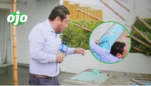 Reportero cayó al interior de la piscina de la exalcaldesa de Lima. (Captura: Canal N)