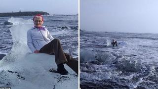 Abuelita se sienta en iceberg para tomarse foto, pero la tuvieron que rescatar al desprenderse