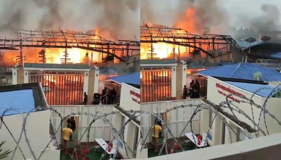 Incendio provocado por prisioneros durante un motín de dos días por el manejo de un grupo de coronavirus Covid-19, en una prisión en Krabi, Tailandia. (Foto: Asia News)